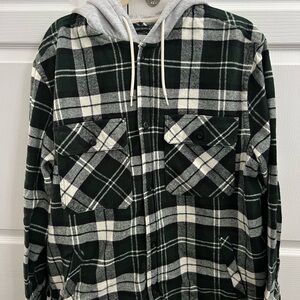 H&M Green and White Plaid Hooded Shirt